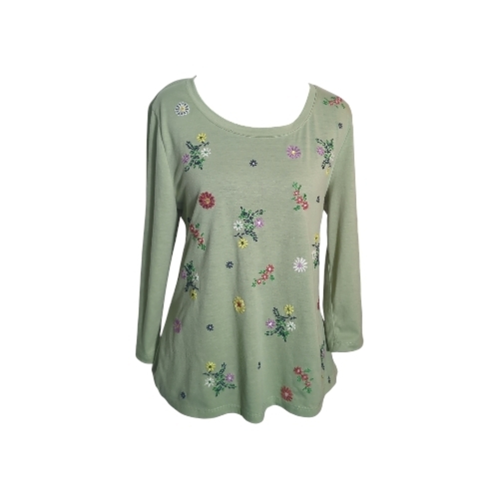 Farmer's Market Medium Green Embroidered Floral Embroidered Long Sleeve T-shirt